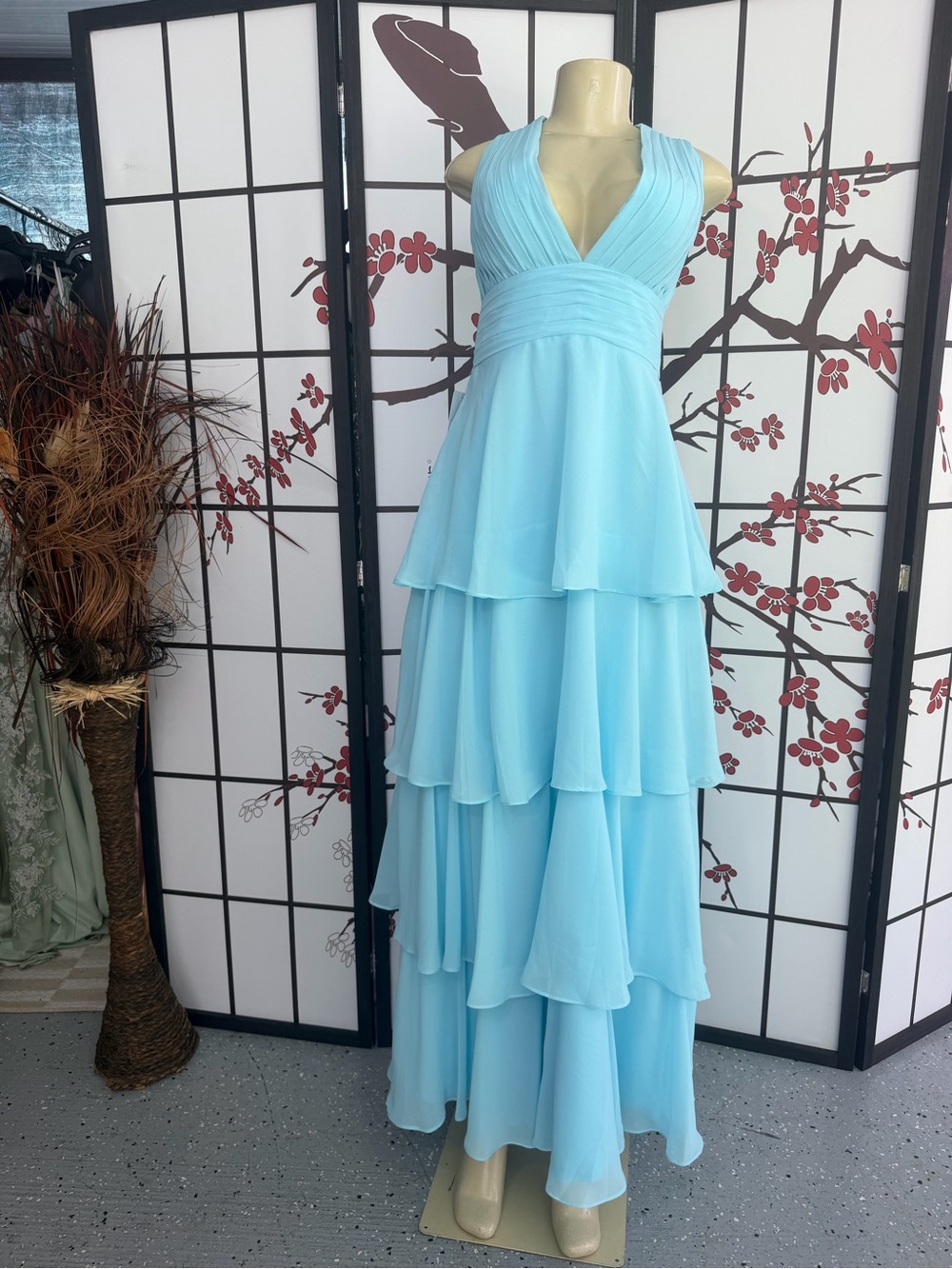 V-Neck Tiered Sky Blue Maxi Dress with Pleated Bodice